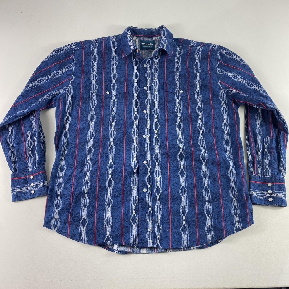 Vintage Wrangler‎ Western Pearl Snap Shirt Mens XL Blue Aztec Rodeo Southwestern